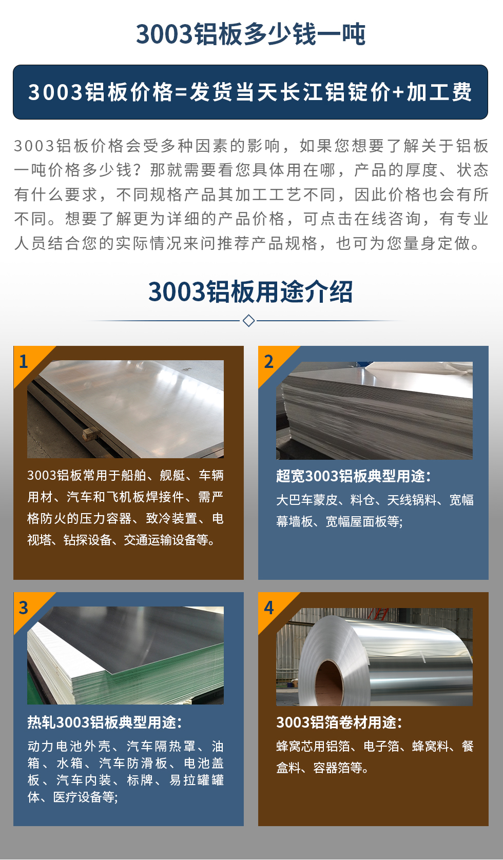 3003鋁板用途介紹
　　3003鋁板常用于船舶、艦艇、車輛用材、汽車和飛機(jī)板焊接件、需嚴(yán)格防火的壓力容器、致冷裝置、電視塔、鉆探設(shè)備、交通運(yùn)輸設(shè)備等。超寬3003鋁板典型用途：大巴車蒙皮、料倉(cāng)、天線鍋料、寬幅幕墻板、寬幅屋面板等;熱軋3003鋁板典型用途：動(dòng)力電池外殼、汽車隔熱罩、油箱、水箱、汽車防滑板、電池蓋板、汽車內(nèi)裝、標(biāo)牌、易拉罐罐體、醫(yī)療設(shè)備等;3003鋁箔卷材用途： 蜂窩芯用鋁箔、電子箔、蜂窩料、餐盒料、容器箔等。